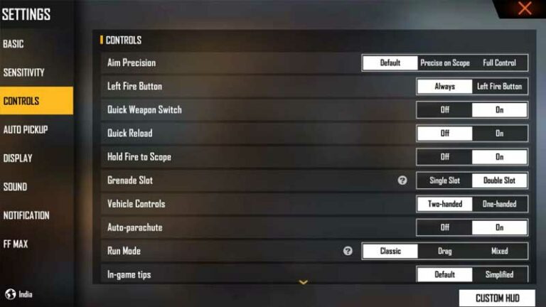 free fire max control setting